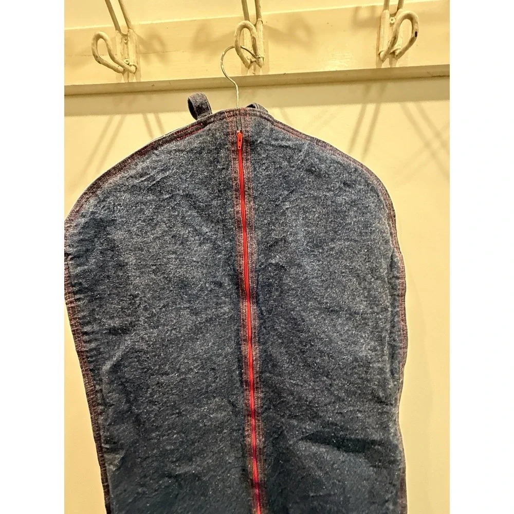VTG 70s Denim Garment Bag Travel Suit Cover Red Zip Contrast Stitching 40x20